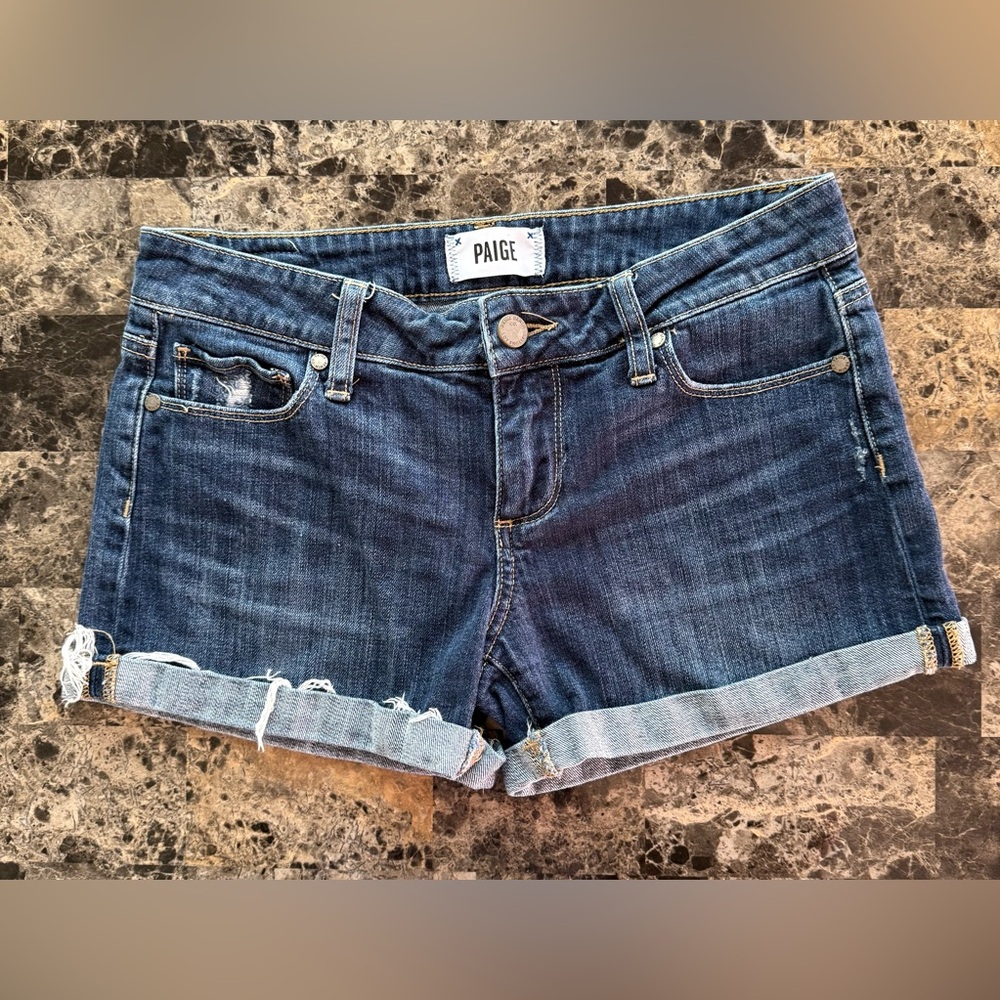 PAIGE Blue Rolled Hem Distressed Denim Shorts